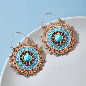 Vintage Mandala Flower Blue Dangling Earrings
